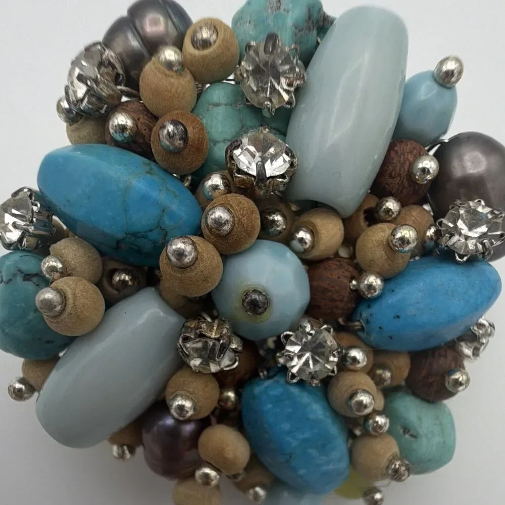 Silver Tone Blue Oval Stone & Rhinestone Round Cluster Brooch Pin 1.75 in
